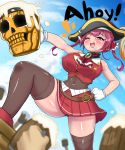  1girl bangs bare_shoulders beer_mug cup eyebrows_visible_through_hair foam gloves hat highres hololive houshou_marine mug open_mouth pirate_hat q_kotetsu red_eyes redhead ribbon skirt skull sky smile tankard thigh-highs twintails virtual_youtuber 