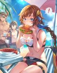  ! absurdres beach bikini black_hair blue_eyes braid breasts brown_hair cain_(granblue_fantasy) cup draph drinking_glass eating eyepatch food granblue_fantasy hamburger highres horns kiriyama2109 leona_(granblue_fantasy) male_swimwear navel ocean parasol reinhardtzar swim_trunks swimsuit swimwear tray umbrella 