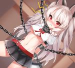  1girl angry azur_lane blush bound breasts chain chained collar crop_top ehart eyebrows_visible_through_hair lock long_hair mechanical_ears medium_breasts navel puffy_short_sleeves puffy_sleeves red_eyes short_sleeves slit_pupils solo tail tattoo teeth tied_up under_boob very_long_hair white_hair yuudachi_(azur_lane) 