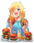  +_+ 1girl :d ahoge blonde_hair blue_eyes blue_shirt blush collarbone cup drink eyebrows_visible_through_hair food hair_over_one_eye hamburger holding holding_food jormungand long_hair open_mouth sayshownen schokolade shirt short_sleeves simple_background smile solo sparkle t-shirt upper_body white_background 