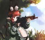  1girl animal_ear_fluff animal_ears bigcat_114514 black_bow bow braid cat_ears cat_tail chinese_commentary clouds commentary_request dress extra_ears frilled_dress frilled_sleeves frills grass green_dress gun hair_bow highres holding holding_gun holding_weapon juliet_sleeves kaenbyou_rin long_hair long_sleeves one_eye_closed pointy_ears puffy_sleeves red_eyes redhead scope solo tail touhou twin_braids walkie-talkie weapon weapon_request 