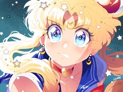  1girl bangs bishoujo_senshi_sailor_moon blonde_hair blue_sailor_collar blush choker crescent crescent_earrings derivative_work diadem earrings eyebrows_visible_through_hair hair_over_shoulder heart heart_choker jewelry long_hair onsta parted_bangs red_choker sailor_collar sailor_moon sailor_moon_redraw_challenge sailor_senshi_uniform screencap_redraw solo star_(symbol) tsukino_usagi twintails upper_body 