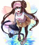  1girl 1other :d bangs black_legwear blue_eyes blue_footwear blue_sleeves bow breasts brown_hair commentary_request double_bun full_body gen_5_pokemon hat lampent large_breasts leaning_forward legwear_under_shorts long_hair looking_at_viewer mei_(pokemon) open_mouth pantyhose pink_bow poke_ball_print pokemon pokemon_(creature) pokemon_(game) pokemon_bw2 raglan_sleeves setta_shu shirt shoes short_shorts shorts sidelocks smile sneakers solo_focus standing twintails very_long_hair visor_cap white_shirt yellow_shorts 