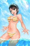  1girl bikini black_hair blue_eyes blue_sky clouds commentary_request cowboy_shot day hairband hololive looking_at_viewer oozora_subaru outdoors short_hair sky smile solo standing striped striped_bikini swimsuit virtual_youtuber water white_hairband zeruda 