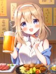  1girl :d alcohol aoyama_blue_mountain beer blush breasts brown_hair collared_shirt commentary_request cup drinking_glass eyebrows_visible_through_hair food gochuumon_wa_usagi_desu_ka? hair_between_eyes hairband heart highres holding holding_cup indoors long_hair looking_at_viewer medium_breasts mozukun43 open_mouth partially_translated shirt sitting smile solo translation_request twitter_username upper_body white_hairband white_shirt 