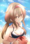  1girl adapted_costume ball beach beachball bikini black_bikini blush breasts brown_eyes brown_hair collarbone eyebrows_visible_through_hair grin hair_between_eyes hair_flaps hairband highres holding holding_beachball kamijou_sadame kantai_collection long_hair medium_breasts ocean orange_hairband remodel_(kantai_collection) shiratsuyu_(kantai_collection) smile solo swimsuit upper_body water 