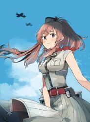  1girl aircraft airplane anchor belt blue_sky breast_pocket brown_hair clouds commentary_request cowboy_shot day dress grey_dress grey_eyes hair_between_eyes kakiyayoshi kantai_collection long_hair looking_at_viewer neckerchief outdoors pocket ponytail red_neckwear saratoga_(kantai_collection) side_ponytail sidelocks sky smokestack smokestack_hair_ornament solo 