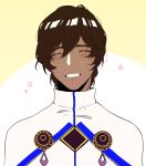  1boy arjuna_(fate/grand_order) bangs blush brown_hair cloak cropped_torso dark_skin dark_skinned_male fate/grand_order fate_(series) flower_(symbol) gradient gradient_background hair_between_eyes highres hukahire0313 looking_at_viewer male_focus shiny shiny_hair simple_background smile solo upper_body 