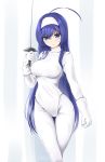  1girl ahoge artist_name blue_hair breasts chaesu commentary gloves headband highres huge_ahoge long_hair looking_up medium_breasts orie_(under_night_in-birth) rapier signature solo sword thighs under_night_in-birth very_long_hair weapon white_gloves white_headband 