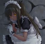  1girl alternate_costume black_bow bow brown_hair cigarette dark_skin enmaided frills gloves graffiti holding holding_cigarette io_(io_oekaki) long_hair looking_at_viewer maid maid_headdress open_mouth original outdoors puffy_sleeves signature smoke smoking solo tan twintails white_gloves yellow_eyes 
