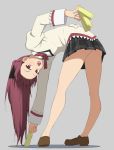  1girl bare_legs bent_over brown_eyes fang full_body holding jewelry legs looking_at_viewer mahou_shoujo_madoka_magica open_mouth redhead ring sakura_kyouko salpin school_uniform simple_background skin_fang solo upside-down 