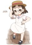  1girl black_footwear blush boater_hat brown_eyes brown_hair child dated dress glasses harukaze_unipo hat kantai_collection open_mouth pince-nez roma_(kantai_collection) short_hair short_sleeves simple_background solo standing twitter_username white_background white_dress younger 