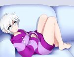  1girl absurdres bare_legs barefoot blue_eyes closed_mouth commission couch doopiedoover drawstring expressionless eyebrows_visible_through_hair highres hood hood_down knees_up long_sleeves looking_at_viewer lying on_back original purple_hoodie short_hair solo striped_hoodie white_hair 