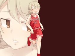  1girl bangs bare_arms bare_shoulders basketball_uniform blush brown_background brown_eyes brown_hair closed_eyes eyebrows_visible_through_hair hair_between_eyes idolmaster idolmaster_cinderella_girls long_hair morikubo_nono multiple_views open_mouth red_footwear red_shorts red_tank_top ringlets shoes shorts slam_dunk sportswear standing standing_on_one_leg sweat tank_top ushi 