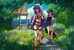  2girls bikini blue_eyes blue_gloves blue_hair blue_sky braid closed_mouth clouds crown_braid day fingerless_gloves fire_emblem fire_emblem:_radiant_dawn fire_emblem_awakening fire_emblem_heroes flower gloves grass hair_flower hair_ornament hairband high_heels highres holding holding_mask imageprogram_(kent) long_hair lucina lucina_(fire_emblem) marth_(fire_emblem_awakening) mask mask_removed mia_(fire_emblem) multiple_girls open_mouth outdoors see-through sky smile swimsuit thigh_strap tree water white_hairband wristband 