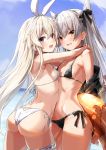  2girls absurdres alternate_costume amatsukaze_(kantai_collection) arms_around_neck ass bangs bikini black_bikini blonde_hair blue_sky blush breasts clouds collarbone cowboy_shot day eyebrows_visible_through_hair fanbox_reward fang grey_eyes hair_ribbon hairband halterneck highres hug innertube jacket kantai_collection lifebuoy long_hair looking_at_viewer multiple_girls off_shoulder open_mouth outdoors paid_reward ribbon shimakaze_(kantai_collection) side-tie_bikini sideboob skin_fang sky small_breasts smile string_bikini swimsuit takanashi_kei_(hitsujikan) thigh_strap two_side_up white_bikini white_hair yellow_eyes 