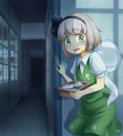  1girl arms_up basket calcmis_gowa commentary_request eyebrows_visible_through_hair green_eyes green_skirt green_vest hair_ribbon hallway highres holding holding_basket konpaku_youmu konpaku_youmu_(ghost) looking_at_viewer panties puffy_short_sleeves puffy_sleeves ribbon scared shirt short_hair short_sleeves silver_hair skirt solo tearing_up touhou trembling underwear vest white_panties white_shirt window 