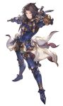  1boy armor armored_boots black_hair blue_armor blue_eyes boots breastplate dual_wielding fighting_stance full_body granblue_fantasy granblue_fantasy_versus highres holding lancelot_(granblue_fantasy) minaba_hideo serious solo sword transparent_background weapon 