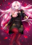  1girl black_shorts breasts cape cravat edelgard_von_hresvelg fire_emblem fire_emblem:_three_houses floating_hair garreg_mach_monastery_uniform gloves hair_ribbon highres large_breasts legwear_under_shorts long_hair long_sleeves looking_at_viewer open_mouth pantyhose petals purple_ribbon red_cape red_legwear ribbon shorts solo tsukigime_(fool_ehle) very_long_hair violet_eyes white_gloves white_hair 