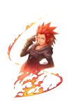  04sora40 1boy axel_(kingdom_hearts) black_gloves blue_eyes cloak fire gloves hand_on_hip highres hood hood_down kingdom_hearts looking_at_viewer male_focus one_eye_closed organization_xiii redhead simple_background solo spiky_hair upper_body white_background 