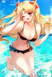  1girl bangs bare_shoulders beach bikini blonde_hair blush bow breasts chiachun0621 clouds collarbone ereshkigal_(fate/grand_order) eyebrows_visible_through_hair fate/grand_order fate_(series) hair_bow highres long_hair looking_at_viewer medium_breasts navel ocean one_eye_closed open_mouth parted_bangs red_eyes sky solo stomach swimsuit two_side_up 