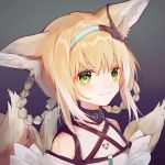  1girl animal_ears arknights bangs bare_shoulders blonde_hair braid chinese_commentary commentary_request fox_ears fox_tail gradient gradient_background green_eyes grey_background hairband highres looking_at_viewer multiple_tails purple_background short_hair solo suzuran_(arknights) tail upper_body yunweishukuang 