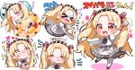  &gt;_&lt; /\/\/\ 1girl :t absurdres black_neckwear blonde_hair blush bowl brooch brown_footwear chibi closed_eyes closed_mouth collared_shirt commentary_request dress earrings eating ereshkigal_(fate/grand_order) fate/grand_order fate_(series) food grey_dress hair_ribbon hand_on_own_cheek heart highres holding holding_bowl holding_tray infinity jako_(jakoo21) jewelry long_hair mixing_bowl multiple_views notice_lines open_mouth pancake plaid plaid_dress plate puffy_short_sleeves puffy_sleeves red_ribbon ribbon shirt short_sleeves sleeping sleeveless sleeveless_dress sparkle spatula standing standing_on_one_leg thigh-highs tiara translation_request tray two_side_up very_long_hair wavy_mouth white_background white_legwear white_shirt zzz 