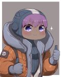  1girl apex_legends bangs blue_sweater blush brown_jacket closed_mouth cosplay dark_skin double_thumbs_up eyebrows_visible_through_hair fate/prototype fate/prototype:_fragments_of_blue_and_silver fate_(series) gloves grey_background grey_gloves hair_between_eyes hassan_of_serenity_(fate) highres hood hood_down hood_up hooded_jacket i.u.y jacket long_sleeves open_clothes open_jacket puffy_long_sleeves puffy_sleeves purple_hair ribbed_sweater smile solo sparkle sweater thumbs_up two-tone_background upper_body violet_eyes wattson_(apex_legends) wattson_(apex_legends)_(cosplay) white_background 