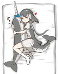 &gt;_&lt; 1girl black_bow blowhole blue_bow blue_neckwear bow commentary_request dolphin_tail dress grey_dress grey_hair hair_bow heart hug kemono_friends multicolored_hair narwhal_(kemono_friends) neckerchief no_shoes numero_509 on_bed puffy_short_sleeves puffy_sleeves sailor_collar sailor_dress short_hair short_hair_with_long_locks short_sleeves socks solo stuffed_animal stuffed_toy tail two-tone_dress white_hair white_legwear