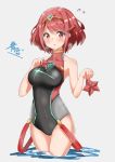  1girl absurdres aotsuba bangs bare_arms bare_shoulders black_swimsuit blush breasts chest_jewel cowboy_shot gem grey_background highres pyra_(xenoblade) jewelry medium_breasts one-piece_swimsuit red_eyes redhead short_hair simple_background solo starfish swept_bangs swimsuit tiara xenoblade_(series) xenoblade_2 