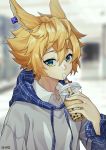  1boy absurdres alternate_costume animal_ears arknights artist_name bangs blonde_hair blurry blurry_background bubble_tea casual chinese_commentary commentary_request cup disposable_cup drawstring drinking drinking_straw green_eyes hair_between_eyes hand_up highres holding holding_cup hood hoodie leonhardt_(arknights) long_sleeves looking_at_viewer male_focus plaid rabbit_ears shao_(shaorouhong) upper_body white_hoodie 