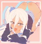  1girl all_fours ass blue_panties breasts dark_skin fujii_shingo gyaru hair_between_eyes highres kogal long_hair looking_at_viewer original panties red_eyes scrunchie shirt side_ponytail socks solo tan tongue tongue_out unbuttoned unbuttoned_shirt underwear white_hair white_legwear white_shirt 