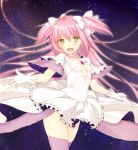  1girl blush bow breasts cleavage_cutout dress gloves goddess_madoka hair_bow highres long_hair looking_at_viewer mahou_shoujo_madoka_magica nryk28 open_mouth pink_hair pink_legwear small_breasts smile solo space thigh-highs two_side_up white_bow white_dress white_gloves yellow_eyes 
