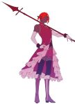  1boy ashwatthama_(fate/grand_order) bare_shoulders black_legwear boots bow cosplay crossdressinging detached_sleeves fate/grand_order fate_(series) forehead_jewel full_body gem hair_between_eyes highres hukahire0313 lance magical_boy mahou_shoujo_madoka_magica male_focus over_shoulder polearm ponytail revealing_clothes sakura_kyouko sakura_kyouko_(cosplay) shorts weapon weapon_over_shoulder 