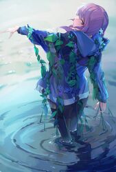  1girl absurdres arknights blue_eyes blue_hoodie blue_poison_(arknights) closed_mouth fuyukayui highres hood hoodie looking_back outstretched_hand pink_hair plant solo standing sweater vines wading water 