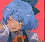  1girl :q blue_bow blue_dress blue_eyes blue_hair bow cirno collared_shirt dress flower hair_bow medium_hair noriuma one_eye_closed pinafore_dress portrait puffy_short_sleeves puffy_sleeves red_background shirt short_sleeves simple_background sleeveless sleeveless_dress solo sunflower tanned_cirno tongue tongue_out touhou white_shirt 