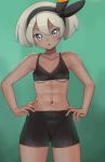  1girl abs aruman bike_shorts black_hairband black_shorts breasts collarbone commentary eyelashes green_background grey_eyes grey_hair gym_leader hair_between_eyes hairband hands_on_hips highres looking_at_viewer midriff navel open_mouth pokemon pokemon_(game) pokemon_swsh saitou_(pokemon) shiny shiny_hair short_hair shorts solo tongue under_boob 
