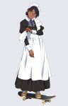  1girl adjusting_clothes apron black_dress black_hair brown_footwear commentary_request dark_skin dress glasses long_sleeves looking_at_viewer maid maid_apron maid_dress maid_headdress original purple_neckwear shoes short_hair simple_background skateboard sneakers solo suzushiro_(suzushiro333) 