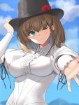  1girl blue_eyes braid breasts brown_hair charlotte_corday_(fate/grand_order) clouds day eyebrows_visible_through_hair eyes_visible_through_hair fate/grand_order fate_(series) flower hair_between_eyes hat highres long_sleeves looking_at_viewer medium_breasts medium_hair one_eye_closed outdoors rose sky smile solo standing suiroh_(shideoukami) upper_body 