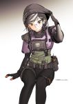  1girl absurdres armor beanie belt belt_pouch black_eyes black_hair black_headwear black_pants braid check_copyright closed_mouth copyright_request devil_lo dokkaebi_(rainbow_six_siege) elbow_gloves feet_out_of_frame glasses gloves gradient gradient_background hat highres long_hair looking_at_viewer multicolored_hair original pants pouch radio rainbow_six_siege round_eyewear signature sitting smile solo south_korean_flag tight tight_pants twin_braids two-tone_hair walkie-talkie white_background white_hair 