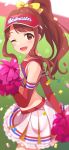  1girl blurry blurry_background bow cheerleader confetti elbow_gloves eyebrows_visible_through_hair frilled_skirt frills gloves highres idolmaster idolmaster_million_live! idolmaster_million_live!_theater_days looking_at_viewer naijow one_eye_closed pom_poms red_eyes red_gloves red_headwear red_tank_top redhead skirt solo tanaka_kotoha tank_top visor white_skirt yellow_bow 