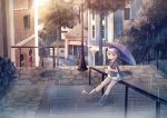  1girl bangs boots building eyebrows_visible_through_hair facing_viewer grey_eyes grey_hair highres hood hood_down original pleated_skirt puddle rain rubber_boots sakakidani short_hair sitting sitting_on_object skirt solo umbrella 