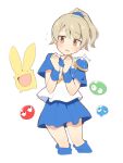  1girl arle_nadja arle_nadja_(cosplay) blonde_hair blush brown_eyes carbuncle_(puyopuyo) cosplay eyebrows_visible_through_hair flying_sweatdrops idolmaster idolmaster_cinderella_girls loose_clothes loose_shirt loose_socks miniskirt morikubo_nono pauldrons ponytail puyo_(puyopuyo) puyopuyo scrunchie shirt shoulder_armor simple_background skirt ushi white_background 