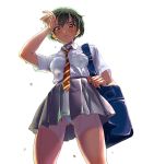  1girl bag blush bob_cut closed_eyes commentary dripping from_below furrowed_eyebrows green_hair grey_skirt hair_between_eyes hand_to_head highres holding_strap kilesha looking_at_viewer looking_down necktie original panties pantyshot red_eyes red_neckwear school_bag shirt short_hair short_sleeves simple_background skirt solo strap striped striped_neckwear tan tanline underwear wet wet_clothes white_background white_panties white_shirt 