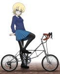  1girl absurdres bicycle black_legwear blonde_hair blue_eyes blue_sweater braid darjeeling_(girls_und_panzer) emblem girls_und_panzer ground_vehicle highres kano_(nakanotakahiro1029) legs pantyhose school_uniform sweater vehicle_focus 