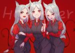  3girls absurdres angry animal_ears arm_garter arm_under_breasts breasts cerberus_(helltaker) commentary_request copyright_name demon_girl demon_tail dog_ears dog_girl fang gloves helltaker highres large_breasts long_hair looking_at_viewer multiple_girls necktie open_mouth red_background red_eyes red_shirt samsafe shirt simple_background smile tail triplets vest waistcoat white_hair 