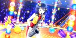  asaka_karin blue_eyes blue_hair blush dress love_live!_school_idol_festival_all_stars saxophone short_hair wink 