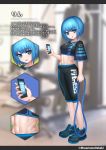  1girl abs bangs blue_eyes blue_hair blunt_bangs blurry blurry_background breasts commentary_request crop_top eyebrows_visible_through_hair eyes_visible_through_hair full_body gym hair_between_eyes highres holding holding_phone looking_at_viewer masamune_oekaki medium_breasts multiple_views navel open_mouth original phone shoes short_hair short_sleeves standing stomach translation_request twitter_username 
