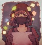  1girl brown_eyes brown_hair commentary_request coronavirus_pandemic crying crying_with_eyes_open detached_sleeves gloves guma.illustration hat highres hong_kong looking_at_viewer mask mouth_mask original sad shirt short_hair sign solo sticky_note surgical_mask t-shirt tears upper_body 