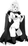  1girl ahoge bangs bikini blush bow bow_bikini bowtie breasts cape collar commentary_request detached_collar embarrassed eyebrows_visible_through_hair fate/grand_order fate_(series) frilled_armband frilled_collar frills frown full_body fur-trimmed_cape fur_trim greyscale groin highres jeanne_d&#039;arc_(alter)_(fate) jeanne_d&#039;arc_(fate)_(all) kneeling large_breasts looking_at_viewer maid_headdress monochrome navel open_mouth prime shadow short_hair side-tie_bikini skindentation solo string_bikini swimsuit thigh-highs 